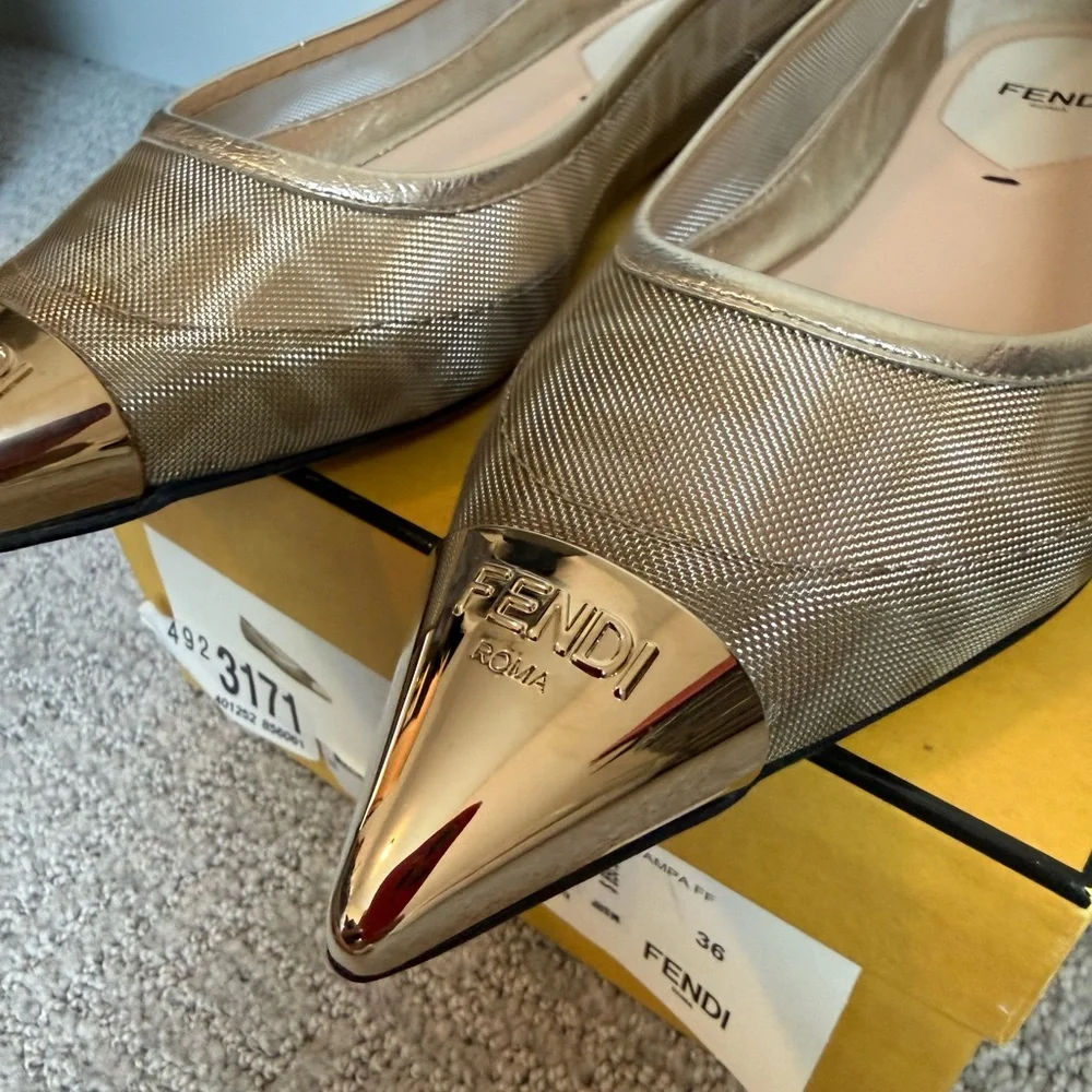 FENDI Colibri Ballerina FF Logo Mesh Pointed Cap Toe Ballet Flats Shoes